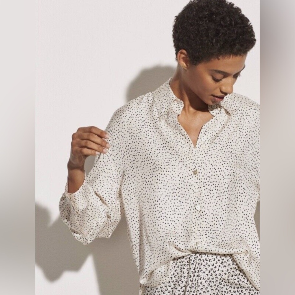Vince Woman’s Ditsy Dot Long Sleeve Silk Blend Button Up Blouse in Ivory Sz Med